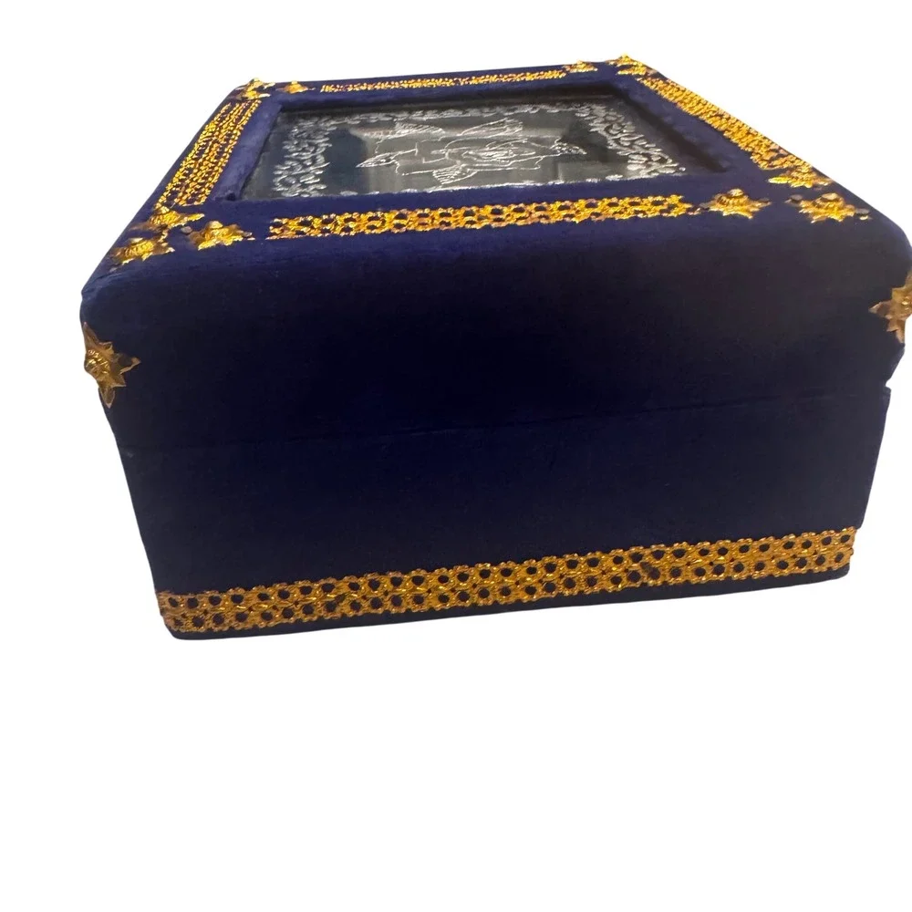 Vintage Blue Velvet Box Persian Design Glass Lid Ornate Trim Display Compartment
